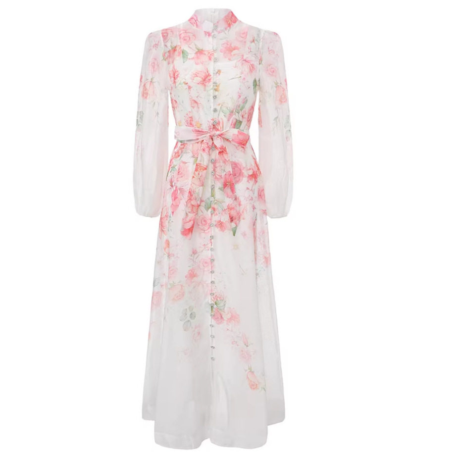 French Floral Hollow Out Bell Sleeve Dress Summer Long Sleeve Waist Tie Elegant Design Perfect for Parties and