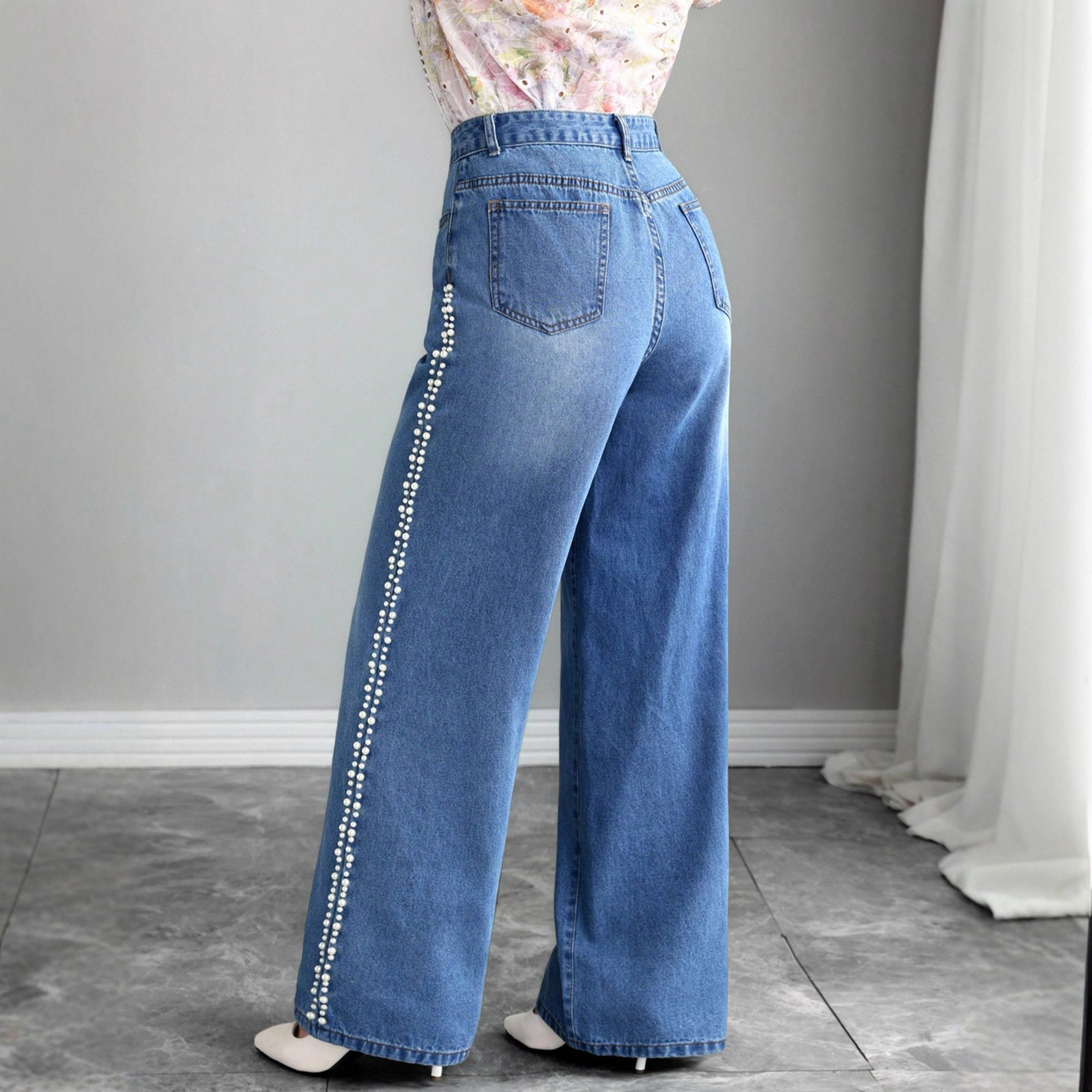 Loose Fit Pearl Lace Wide Leg Jeans Simple Fresh Design Casual Wear for Women Wholesale Available