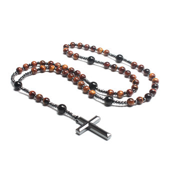2022 summer new cross-border black natural round beads long chain black stone cross rosary beads men's necklace wholesale