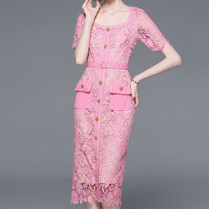 Lace Square Neck Dress Summer Lightweight Luxury Design Embroidered Hollow Out Elegant Occasion Wear Wholesale