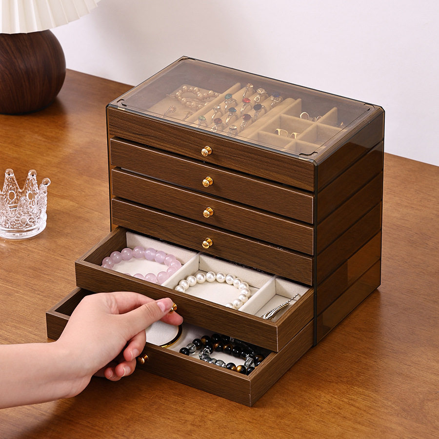 Drawer-Type Jewelry Box Solid Wood Walnut Color Jewelry Box Moisture-Proof and Dust-Proof Three-In-One Jewelry Storage Box Multi-Functional