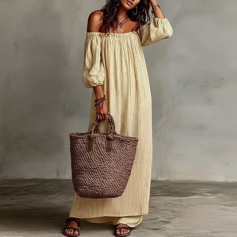 Off Shoulder Maxi Dress Solid Color Casual Loose Fit Summer Style Perfect for Vacation and Relaxation Wholesale