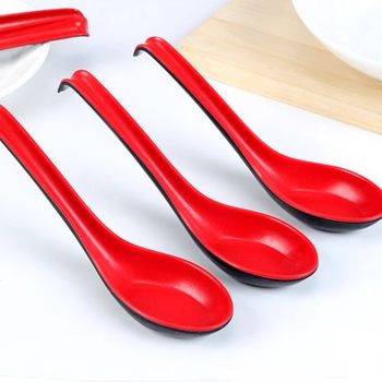 Hotel Practical Red and Black High Temperature Melamine Spoon Imitation Porcelain Long Handle Spoon Anti-Scalding Anti-Slip Soup Spoon Kitchen Supplies