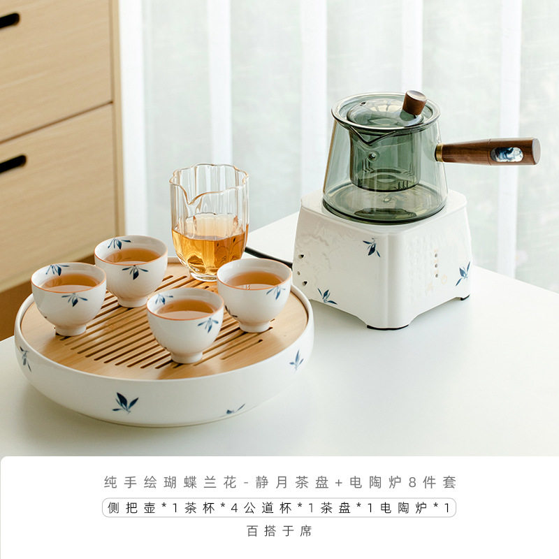 純手描き蝶蘭-静月茶盤 + 電気陶炉8点セット