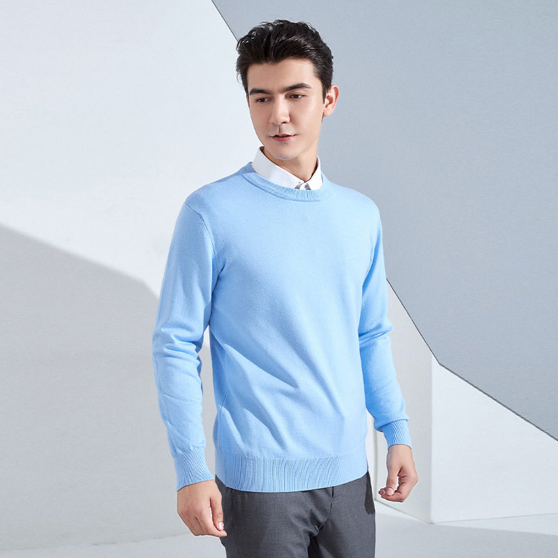 秋冬男士圆领宽松加厚套头针织衫纯色长袖短款商务打底保暖毛衣