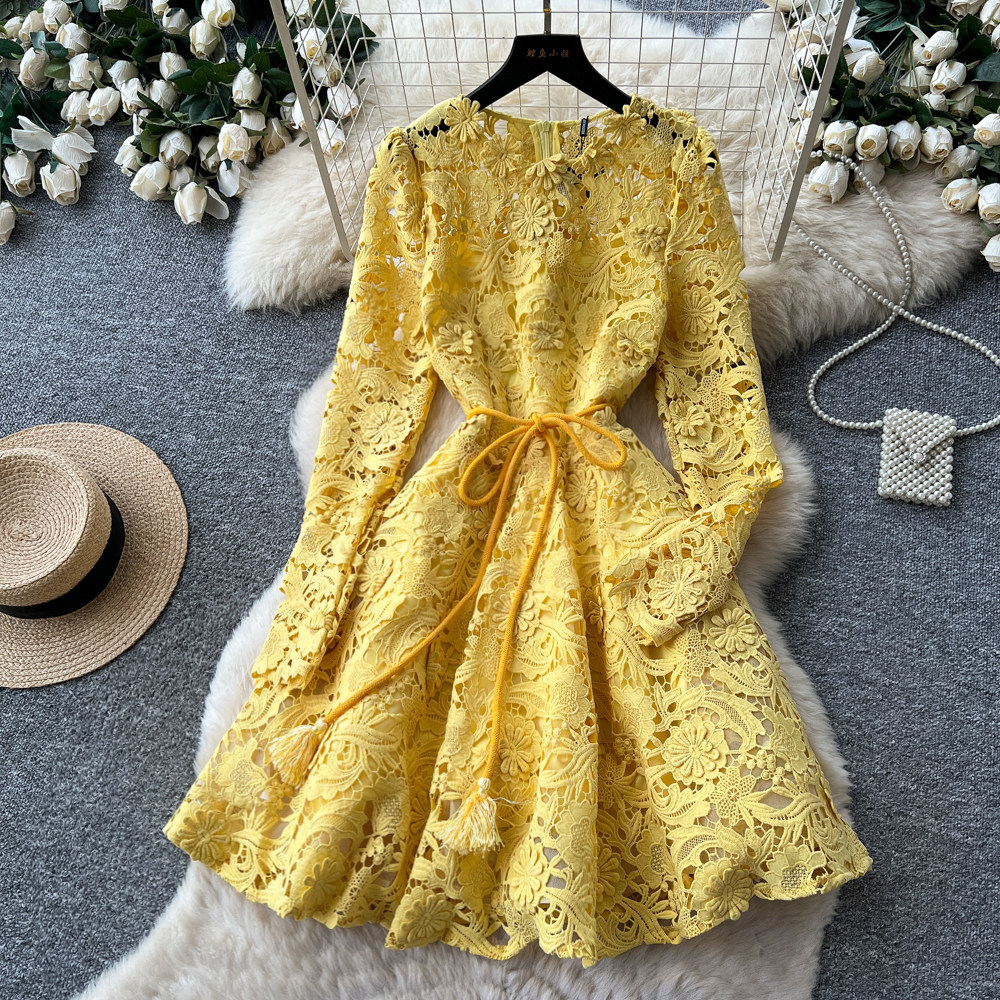 French Style Hollow Out Lace Dress Slim Fit Long Sleeve Waist Defining A Line Summer Elegance for Special Occasions