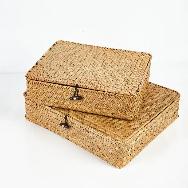 Seagrass Covered Storage Box Rattan Straw Storage Basket Desktop Miscellaneous Storage Basket Snack Storage Box Toy Storage Box