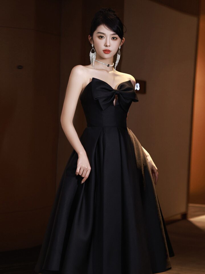 Váy Dạ Hội Nữ Dáng Dài Hở Vai Thắt Nơ Phong Cách Pháp Màu Đen
