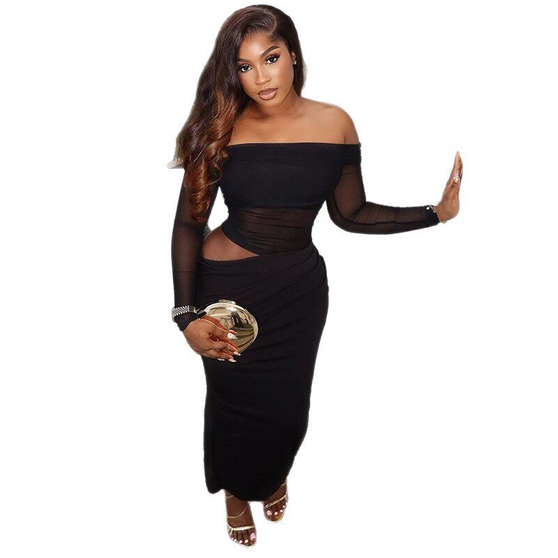 Chic Womens Bodycon Dress Strapless Hollow Out Breathable Long Sleeve Solid Color Perfect for Parties or Casual