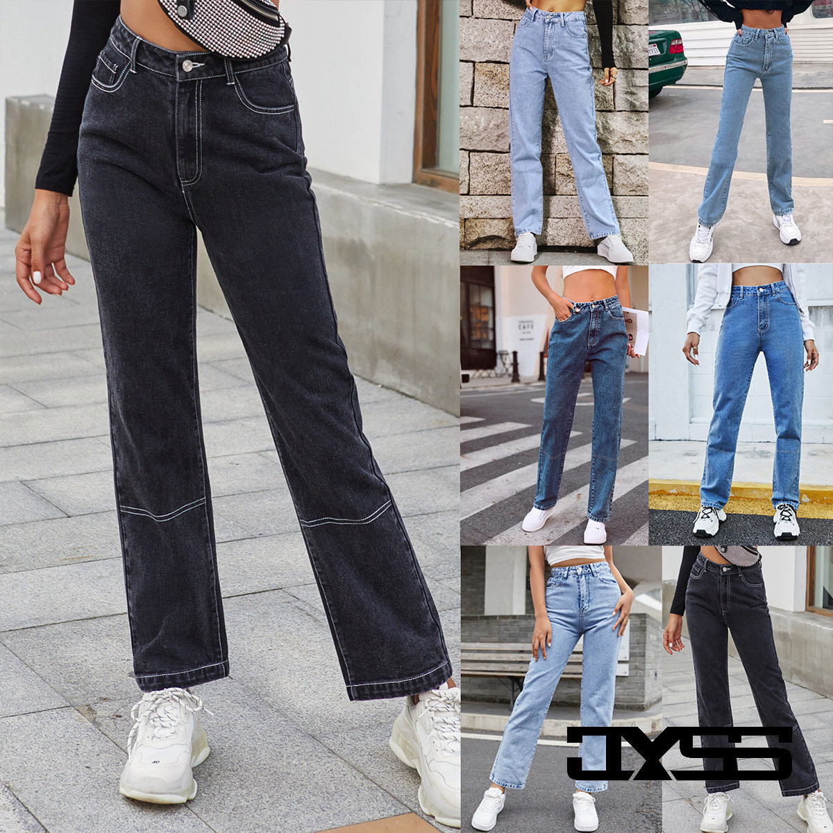High Waisted Black Denim Straight Leg Pants Fashionable Trendy Comfortable Fall Winter Wear Wholesale Available