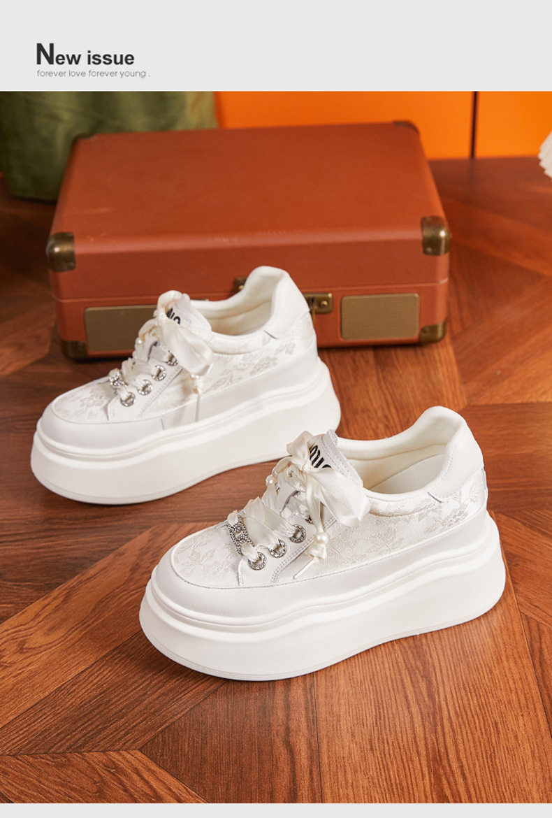 Giày sneaker nữ chunky đế dày phong cách Hàn Quốc, mũi tròn, dây buộc — Hồng vàng, Trắng chi tiết 11