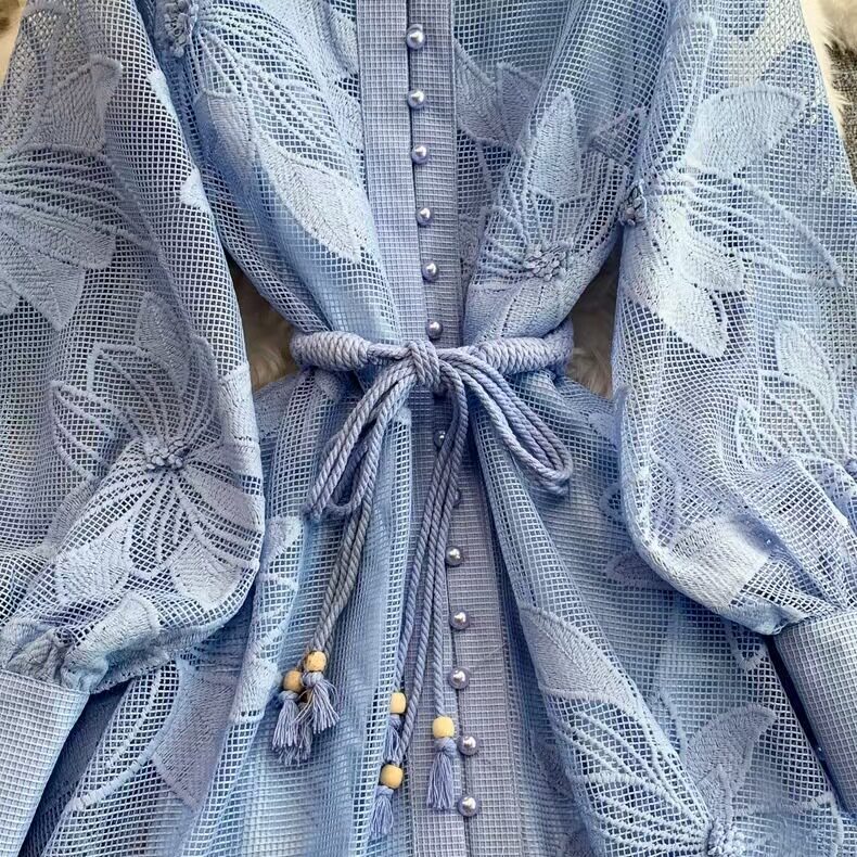 Elegant French Style Womens A Line Dress Lace Up Waist Hollow Embroidery Single Breasted Perfect for Formal