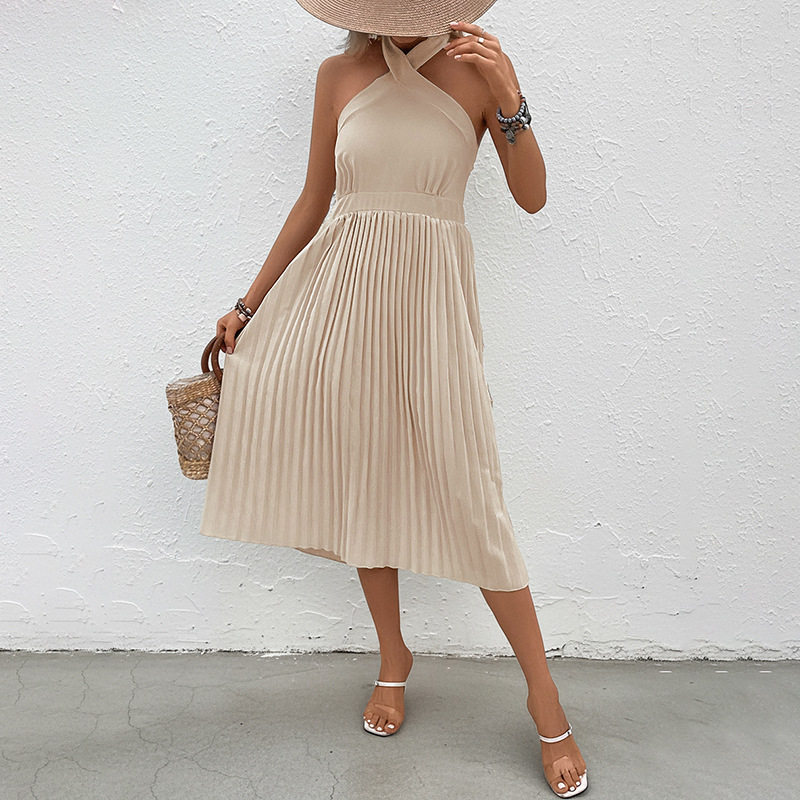 Summer Pleated Maxi Dress Solid Color Halter Neck Elegant Style Perfect for Vacation and Resort Wear Wholesale