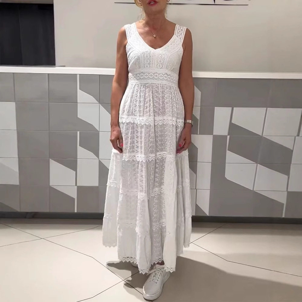 Womens Sleeveless Lace Panel Dress Solid Color V Neck Elegant Design Autumn Fashion for Parties and Events OEM