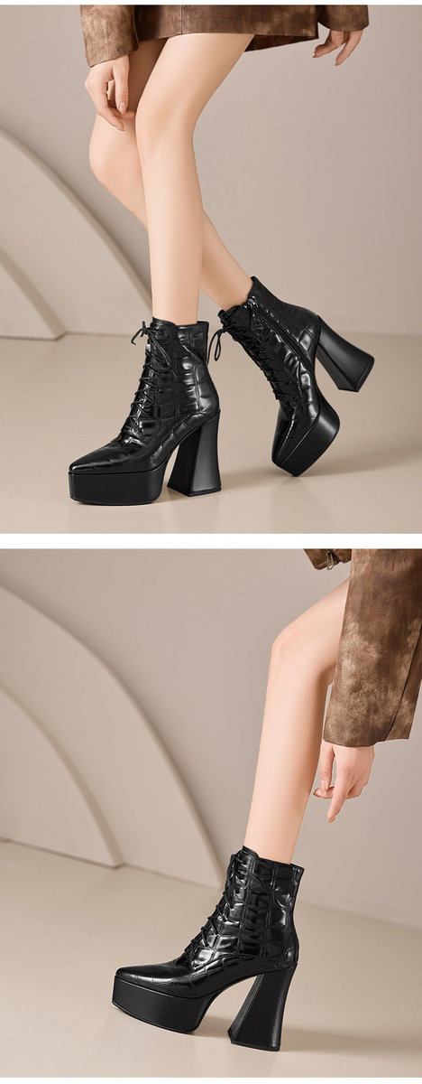 Boot Martin nữ da bò vân đá buộc dây gót cao 12cm mũi nhọn — Lớp lót đơn màu đen, Lớp lót đơn màu nâu, Lớp lót nhung đen, Nhung nâu