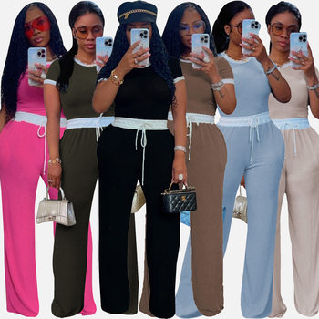 M3152 Cross-border European and American Women's Casual Street Daily Rib Contrast Color Crewneck Short-sleeved Pants suit Two-piece Set