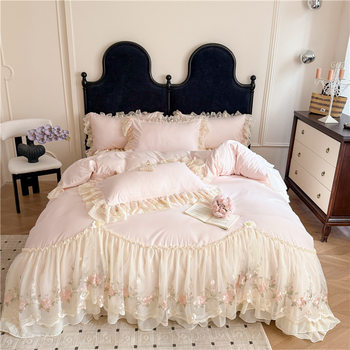 2025 New Style Washed Skin-Friendly Cotton Chiffon Lace Embroidered Princess Style Korean Style Bed Skirt Four-Piece Set Bed Linen
