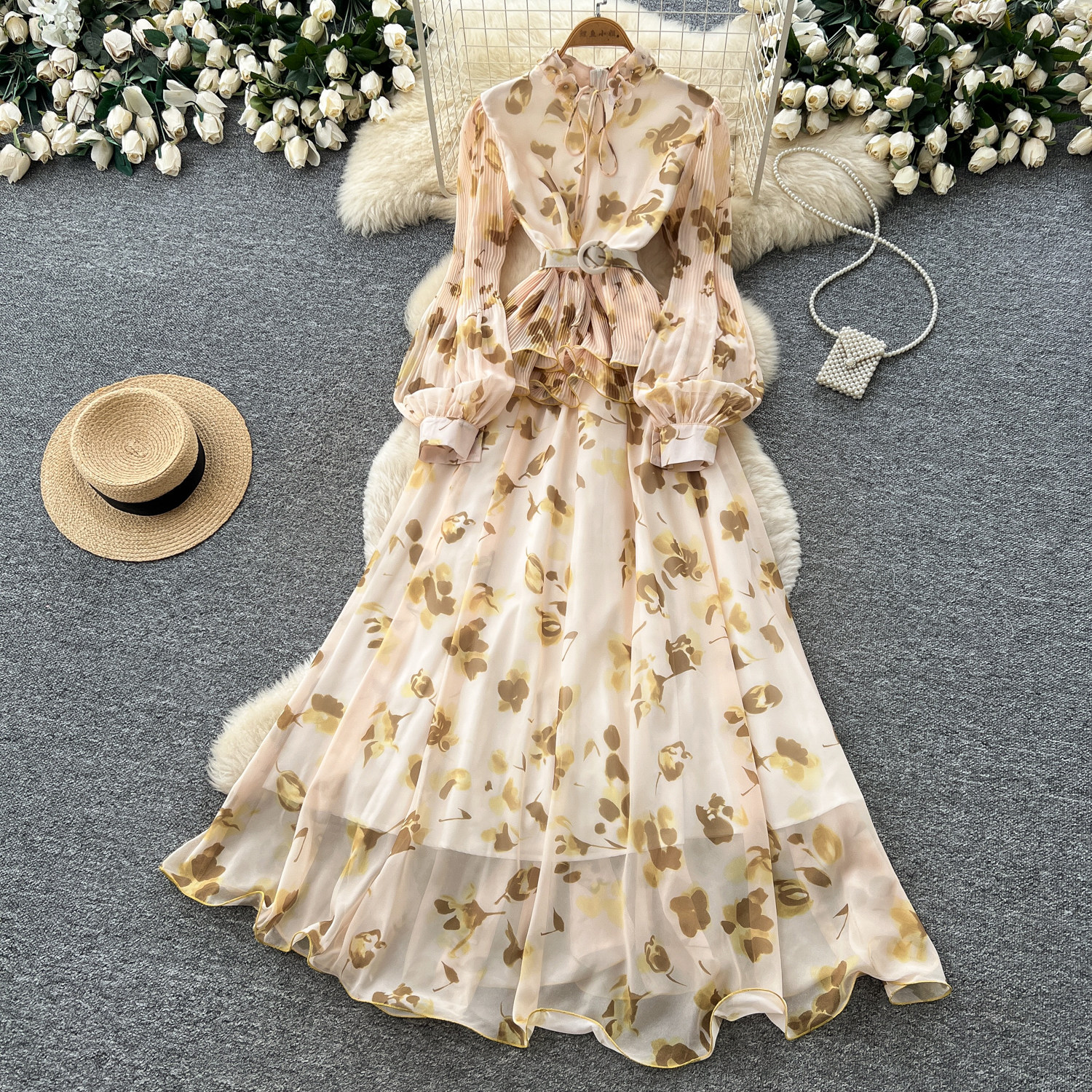 French Style Long Sleeve Stand Collar Lantern Sleeve Printed Chiffon Dress for Women Elegant A Line Silhouette Summer