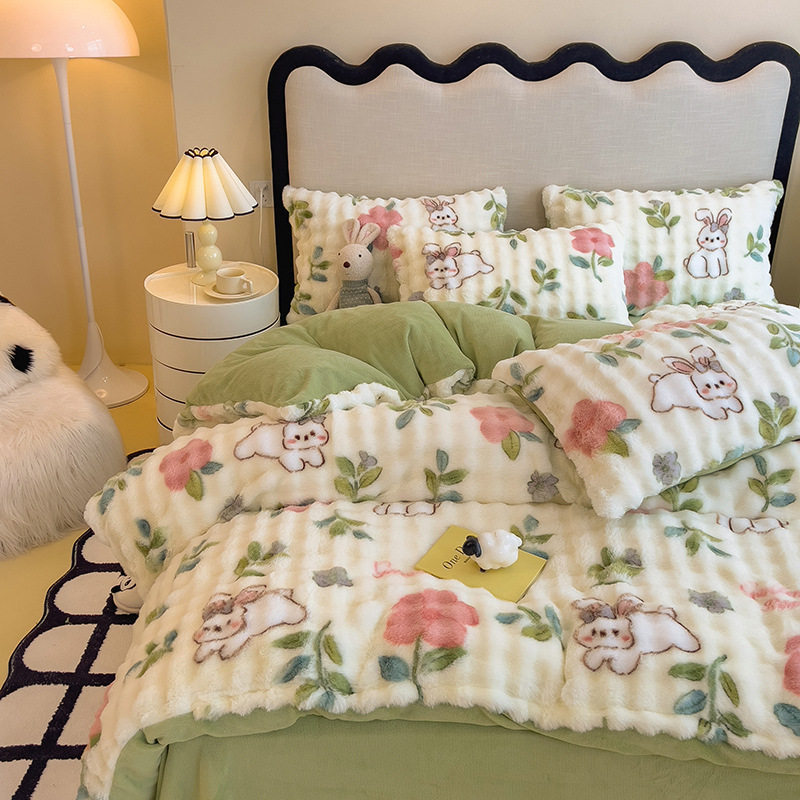 Winter thickened rabbit plush four-piece milk velvet quilt cover coral velvet bed sheet quilt cover flannel bed three-piece set