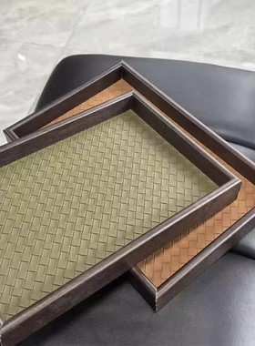 木质托盘轻奢饰品收纳戒指项链托盘皮革竹绿色复古桌面展示货盘