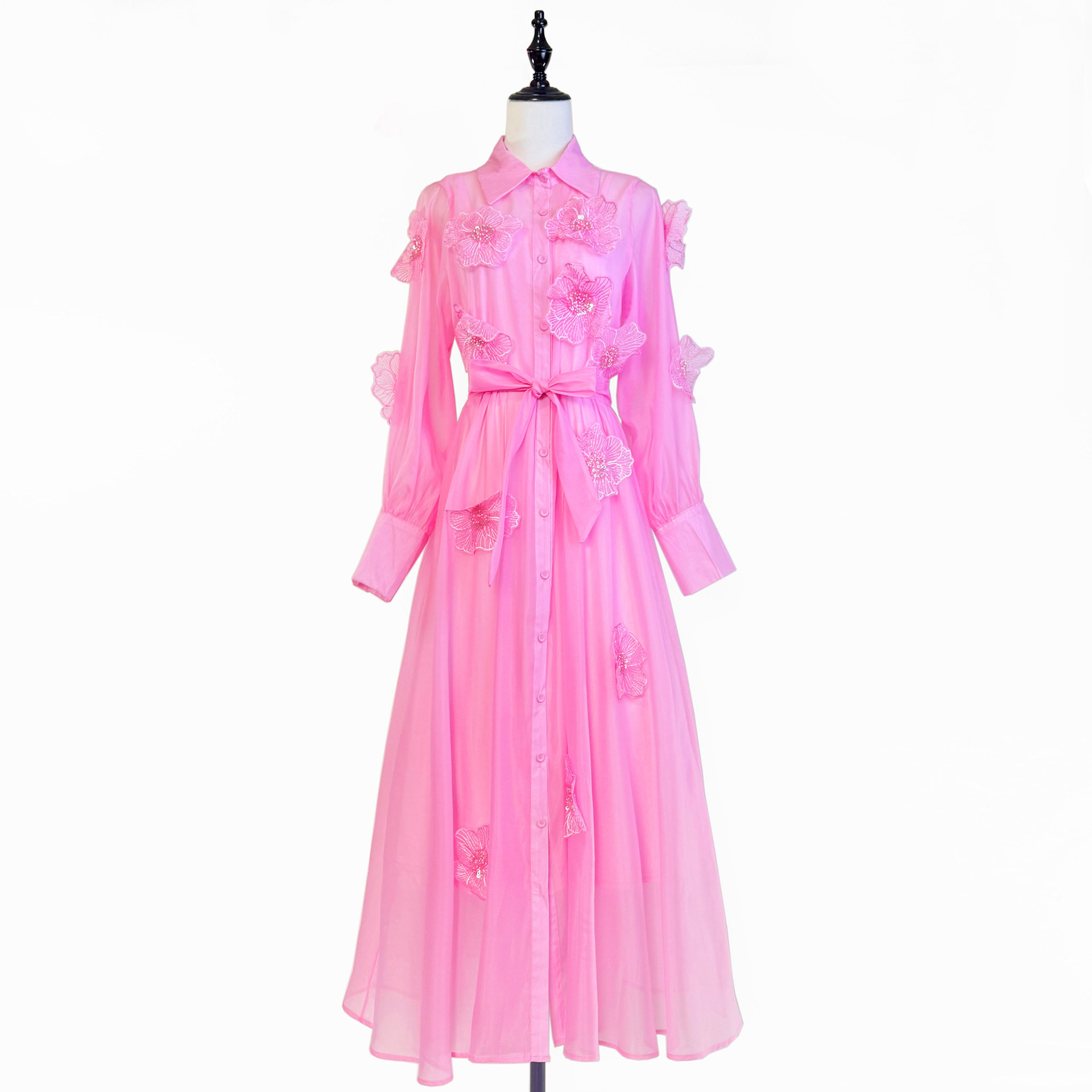 French Style Womens Dress Fashionable Beaded 3D Floral Design Waist Tie Flared Tulle Long Skirt for Autumn Wholesale