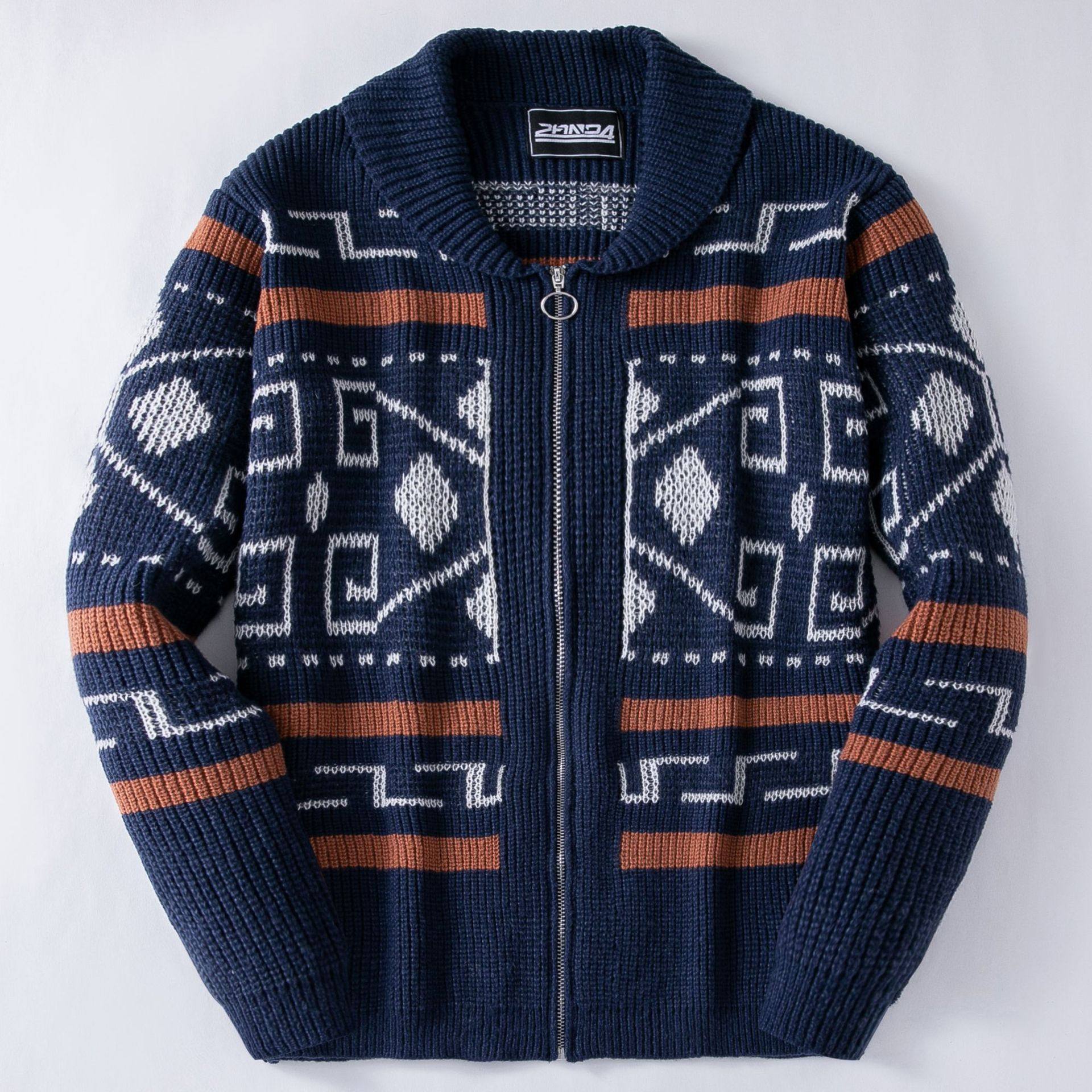 秋冬新款男装 时尚翻领休闲开衫外套 长袖修身提花针织毛衣SY0013