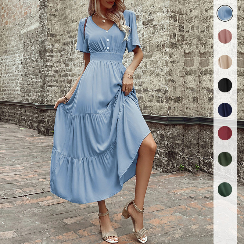 Elegant Summer V Neck Ruffled Hem Dress Slim Fit Solid Color Versatile Style Perfect for Casual or Formal Occasions