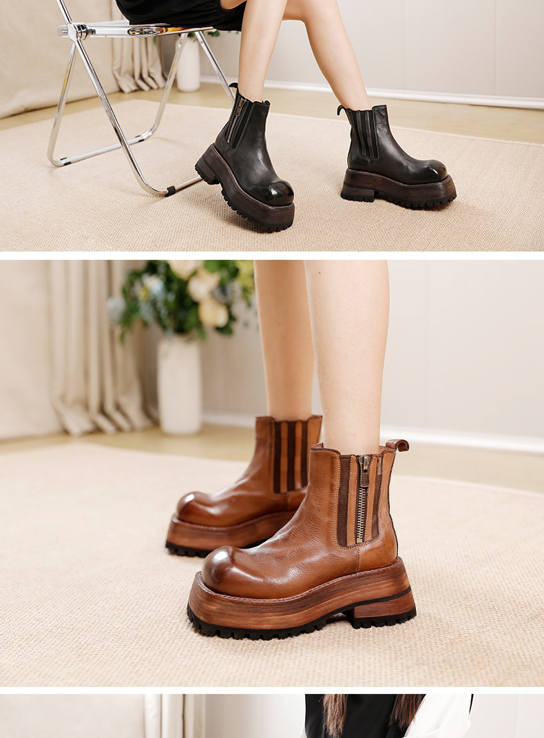 Boot Martin nữ da bò thật đế dày cổ trung, khóa kéo bên — Màu cà phê, Màu đen