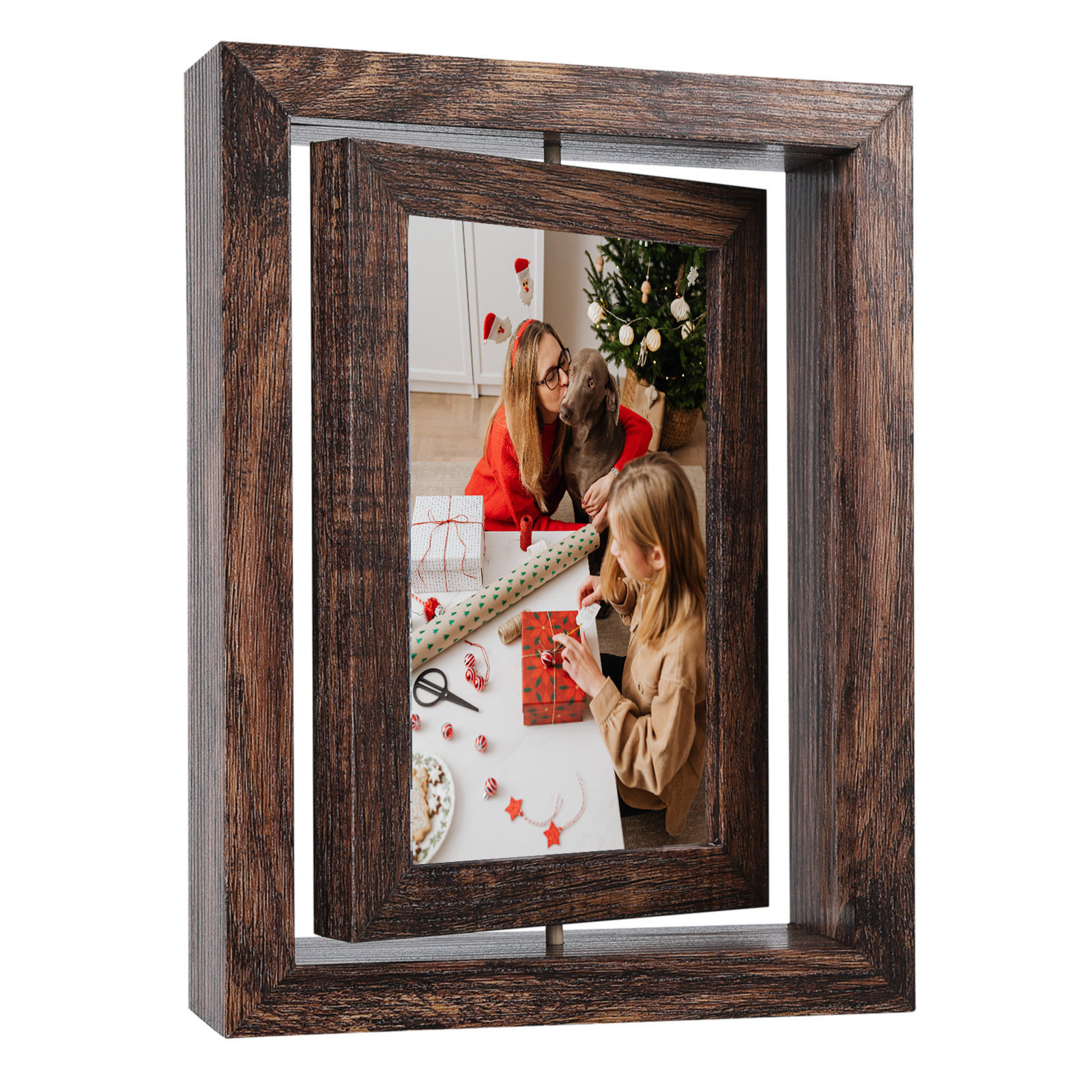 Cross Border Brown Creative Double-Sided Rotating Photo Frame 6 Inch Wooden Frame Set Table for Mother's Day Christmas Gift