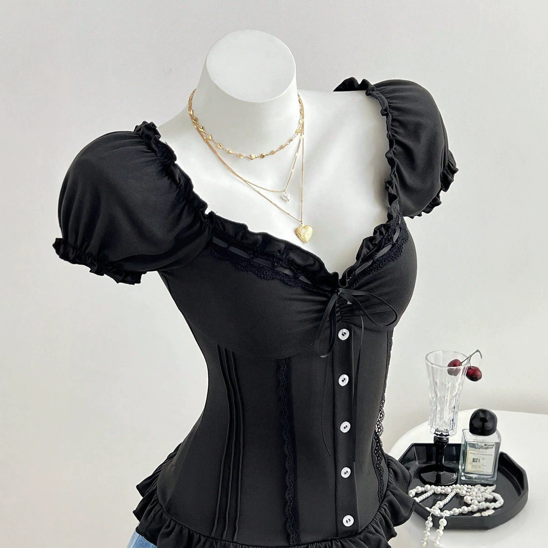 Summer Womens T Shirt Sweet Style Puff Sleeves Bow Tie Design Casual Wear Ready to Ship OEM ODM service