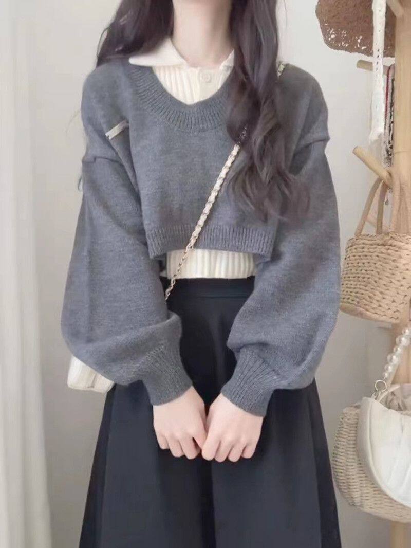 Korean Style Sweater for Women in Autumn and Winter, New Style, Chic Knitted Sweater Top, Versatile Slimming Design, Short Two-Piece Set