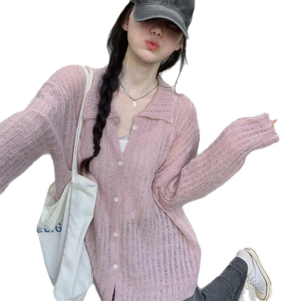 巨好看粉色polo领针织开衫女春秋季薄款镂空慵懒毛衣外套上衣