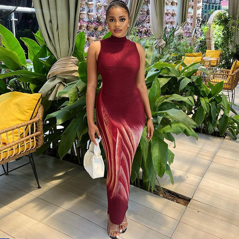 Sleeveless Stand Collar Dress Fashionable Floral Print Mid Length Sexy Elegant Bodycon Style Perfect for Parties