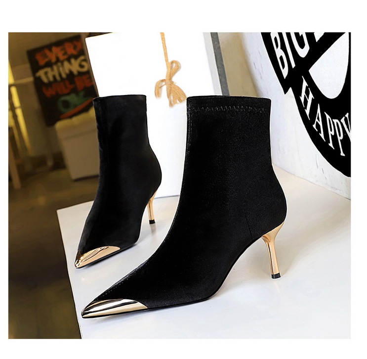 Boot nữ cổ thấp mũi nhọn nhung nhung gót vừa phong cách thanh lịch — 319-10 đen 8cm, 319-A10 đen 5cm, 319-A10 Màu nâu sẫm 5cm, Màu nâu sẫm 319-10 8cm