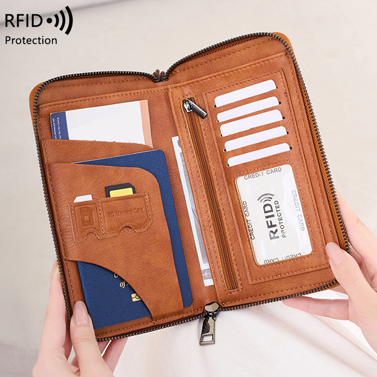 Cross-Border New Rfid Passport Bag Large Capacity Long Zipper Passport Wallet Multi-Functional Travel Storage Document Bag
