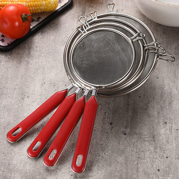 Stainless Steel Short Handle Binaural Mesh Leak Colander Creative Red Handle Flour Sieve Filter Spoon Mesh Kitchen Gadget