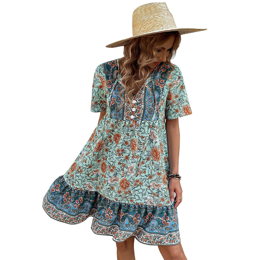 Bohemian Floral Print Maxi Dress V Neck Loose Fit Plus Size Casual Vacation Wear Wholesale Available