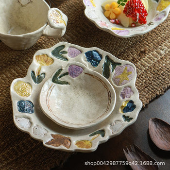 Mud Flower Language Retro Ceramic Tableware Fruit Plate High-Value Dessert Plate Home Moving Housewarming Gift Underglaze Color