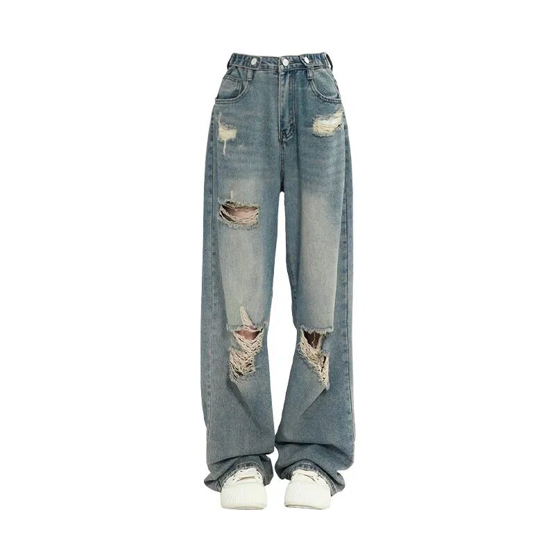 Plus Size Womens High Waisted Ripped Denim Jeans Loose Fit Straight Leg Street Style Casual Wear Wholesale
