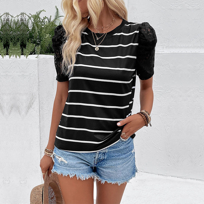 Retro Striped T Shirt Lace Puff Sleeves Summer Style Womens Fashion Wholesale Available ready to ship
