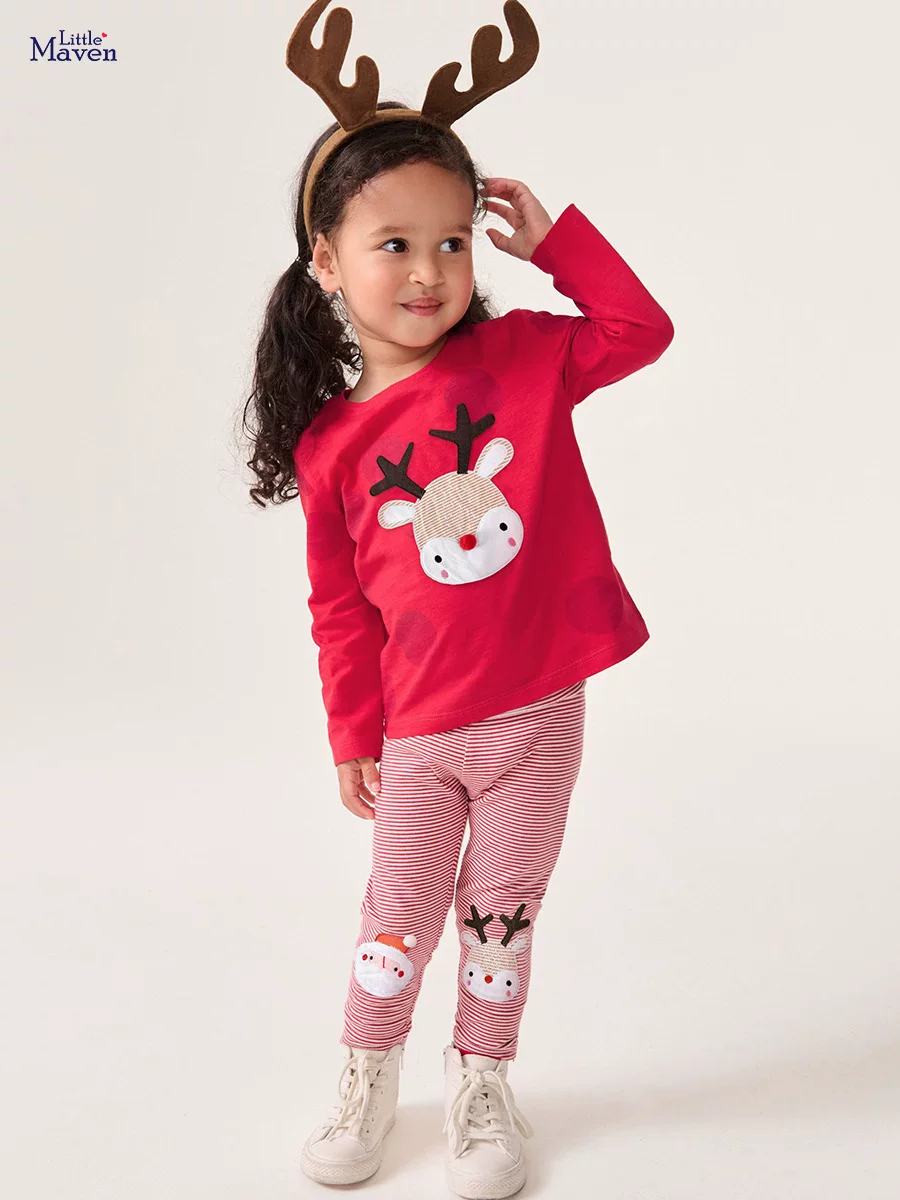 Girls' Christmas Set Wholesale, Cute Deer Kids' Wear, Autumn Cartoon Striped Outfit