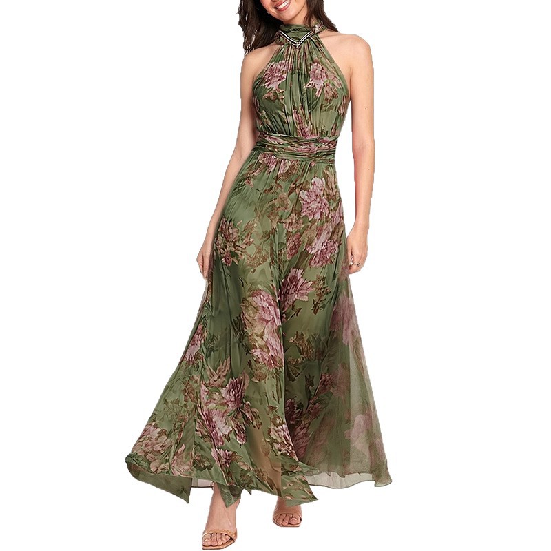 Elegant Floral Print Halter Neck Dress Spring Collection Waist Defining Chic Style Perfect for Parties or Casual