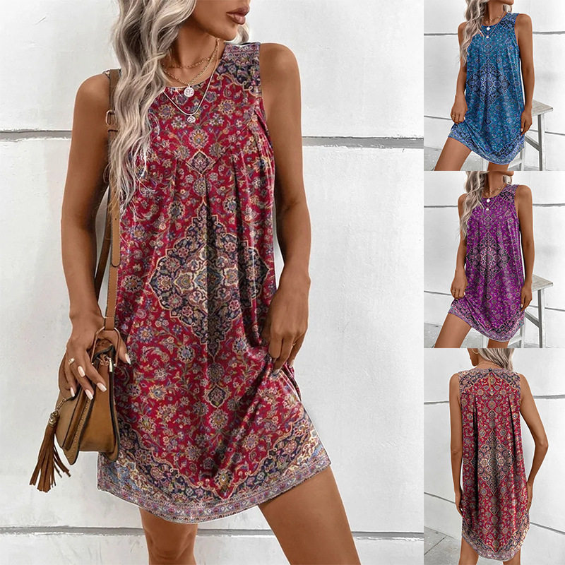Sleeveless Ethnic Print Dress Comfortable Casual Round Neck Spring Summer Fashion Wholesale Available