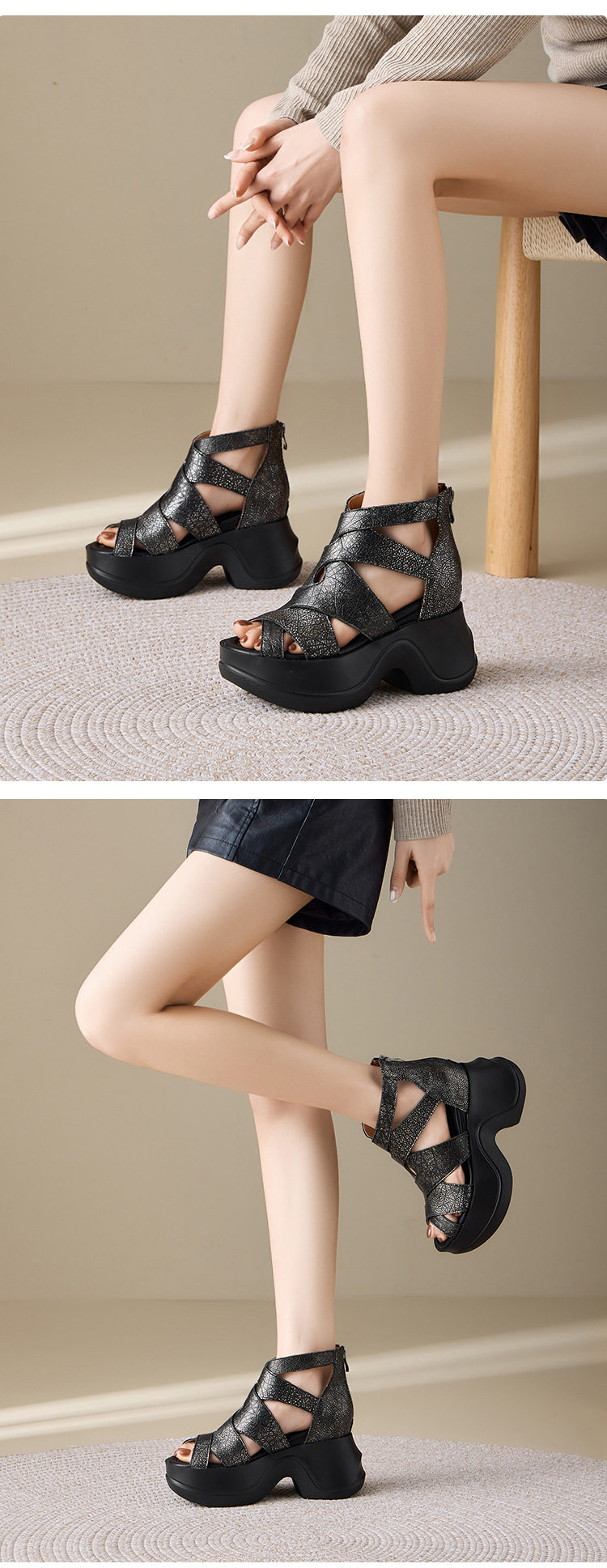 Sandal cao gót nữ hở mũi đế xuồng 10 cm, phong cách trẻ trung, đa năng — [Vàng nhạt], [Đen] chi tiết 6