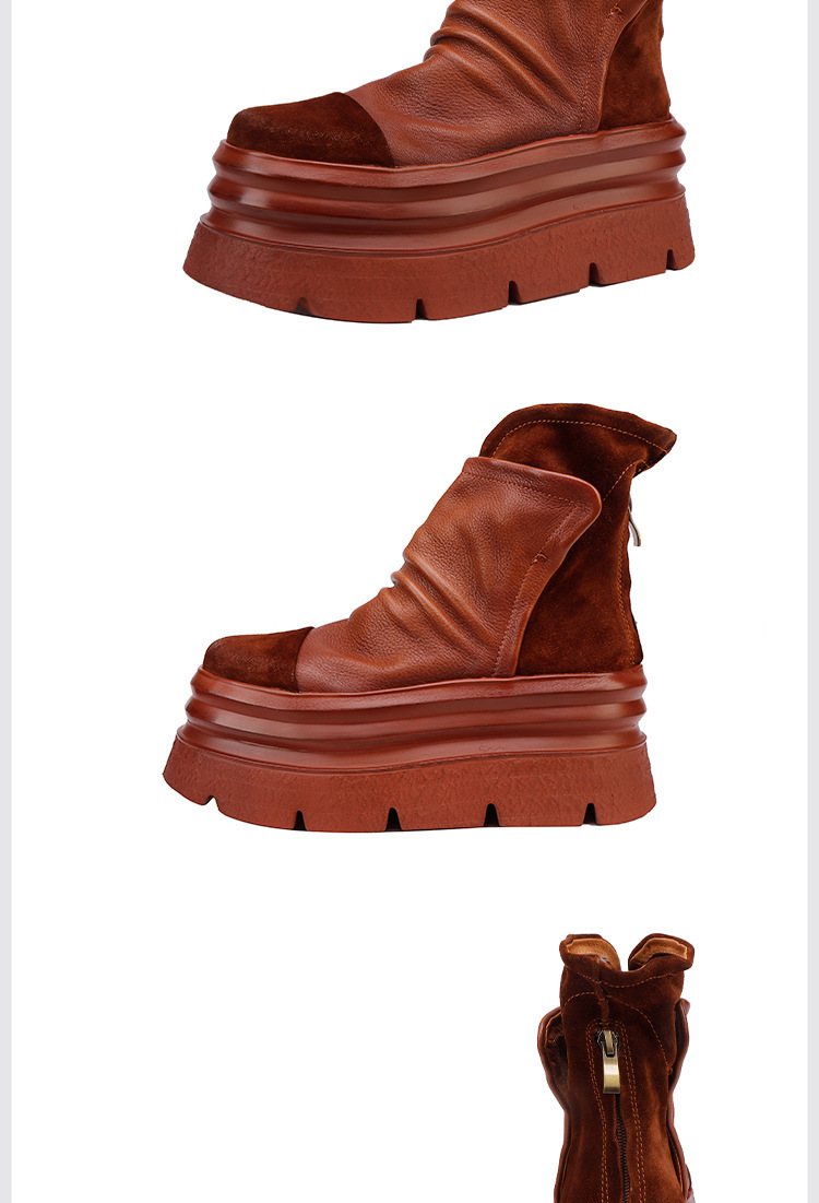 Boot nữ cổ thấp da bò thật đế dày phong cách cổ điển — màu đen, nâu