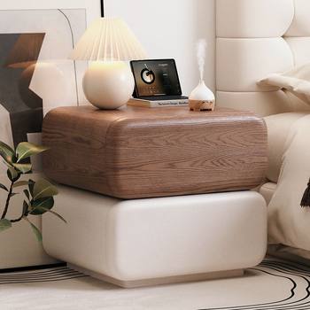 Bedside Table Solid Wood Mid-Century Style New Light Luxury High-End Soft-Packed Multi-Layer Ins Style Integrated Floor-Standing Storage Cabinet