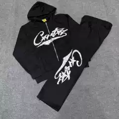 Cortiez American Streetwear Hoodie with Letter Print Oversized Sweatshirt Devil's Island Zip-Up Coat