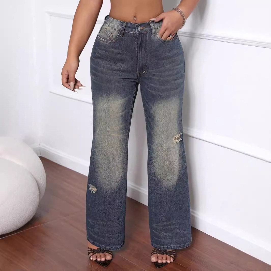 Womens Distressed Wide Leg Jeans Straight Cut Ripped Design Casual Style Wholesale Available