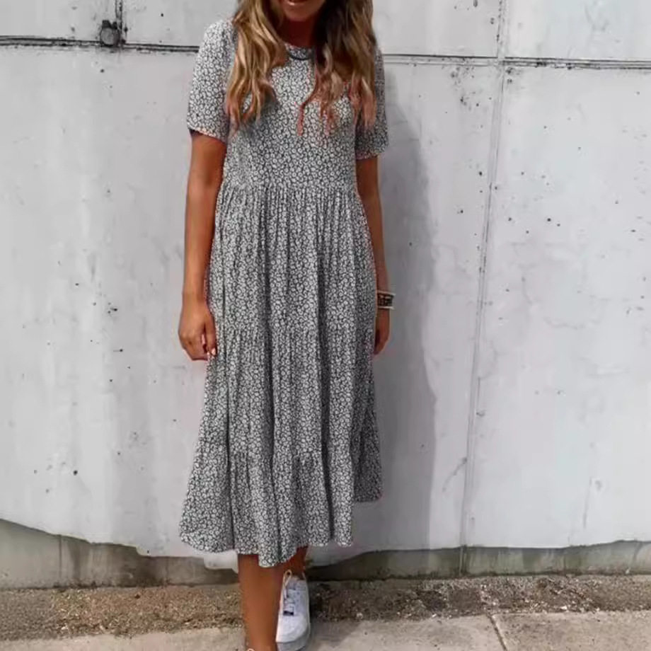 Floral Print Short Sleeve Dress Round Neck Summer Style Casual Wear Wholesale Available low MOQ