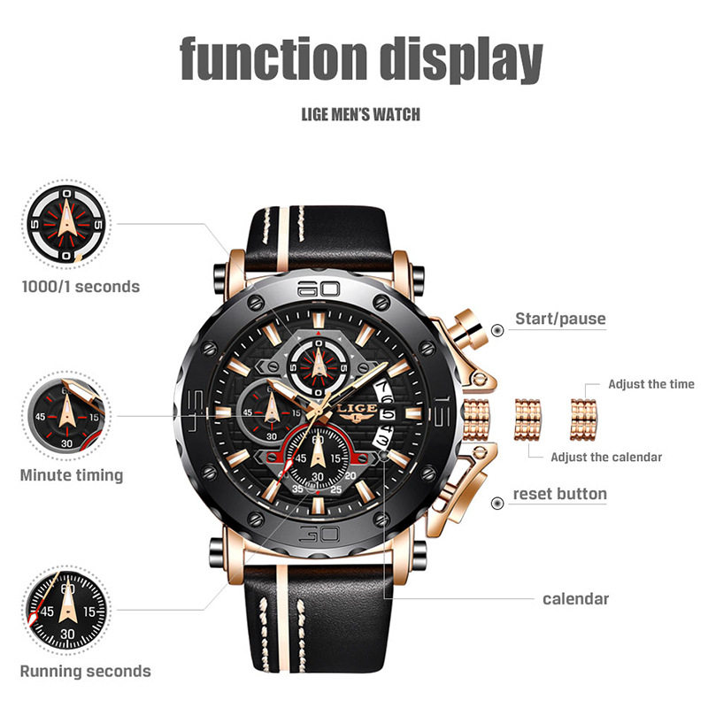 LIGE cross-border for men's quartz watch multi-functional waterproof watch personalized large dial